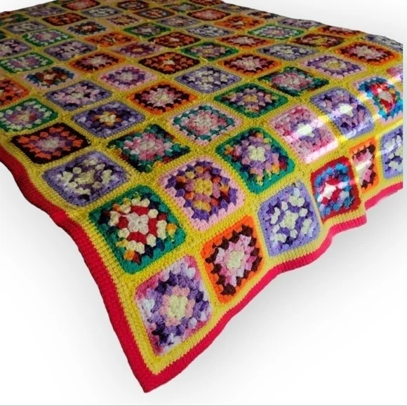 Vintage Granny Square Afghan Throw Blanket Rainbow Multi color Boho Handmade - Picture 3 of 14